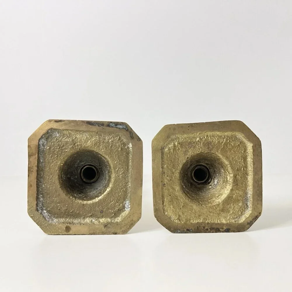 Vintage Mini Solid Brass Candlesticks Pillar Candle Holders Art Deco 2 Pc